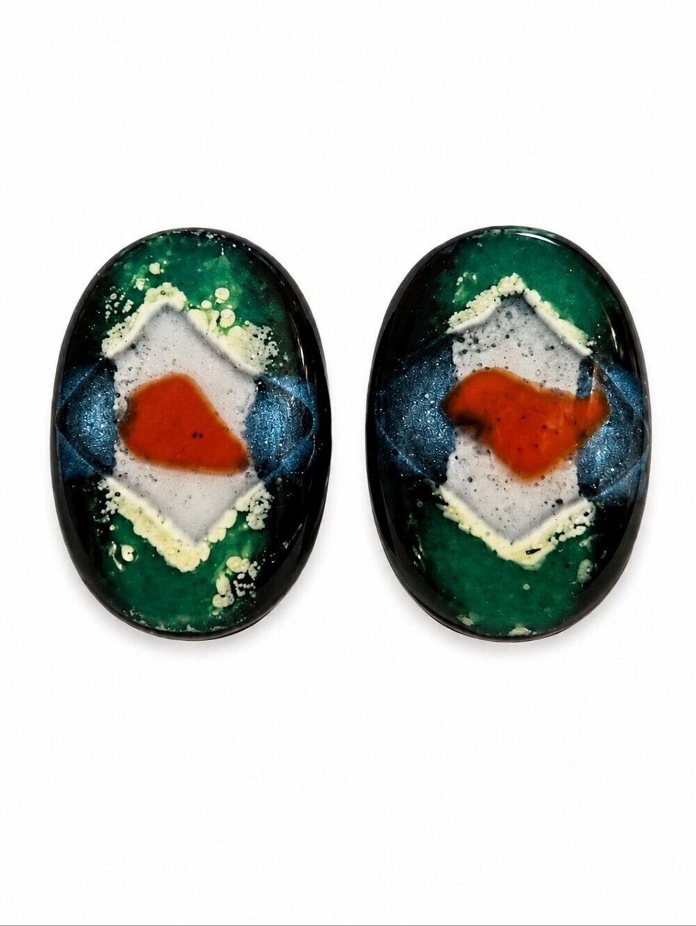 Vintage Fused Glass Modernist Oval Clip-on Earrings